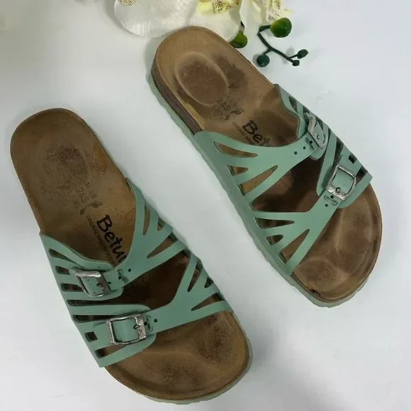 Birkenstock Green Sandals with Silver Buckles - Picture 2 of 14